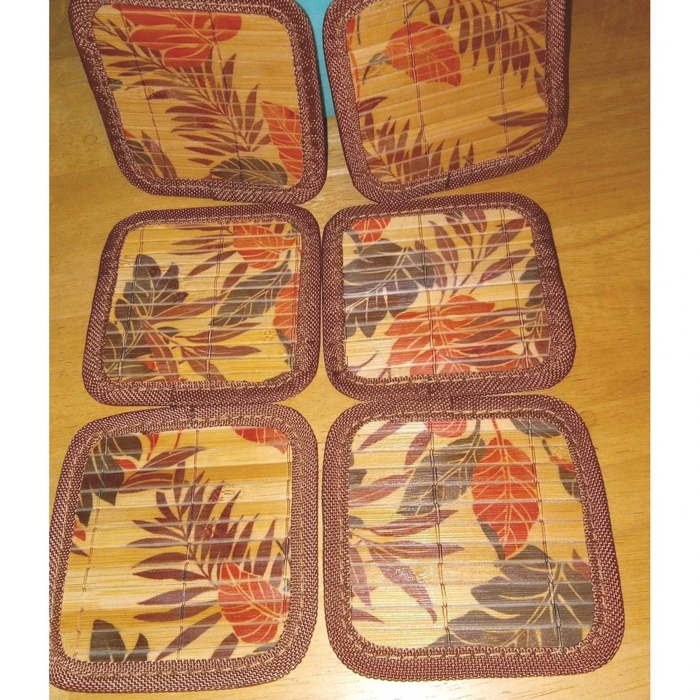 6 Pc‎ Hawaiian Japanese Asian Bamboo Art Floral Coaster Set